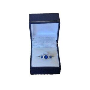 Halo 3 Stone Simulated Sapphire And Diamond Sterling Silver Ring With Heart...